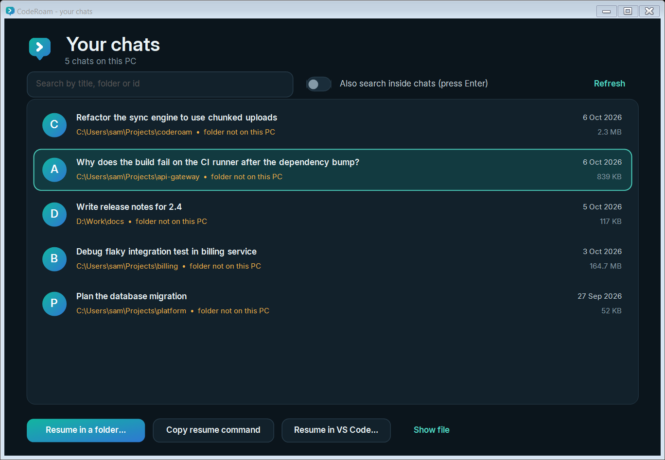 CodeRoam's chat library, listing chats from several folders