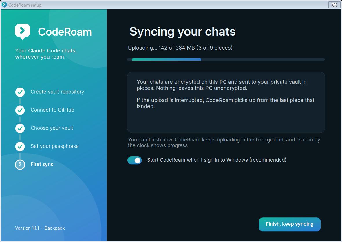 First sync, uploading with progress